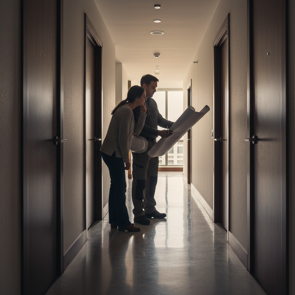 Condo Renovation: Avoid Delays and Stress in 2026 2 Condo renovation walkthrough in a corridor, contractor and homeowner reviewing floor plans before elevator booking and protection setup