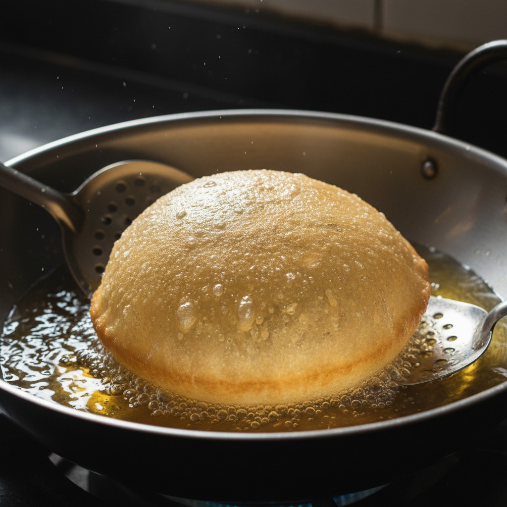Close-up of bhature inflating in hot oil, authentic frying technique with slotted spoon, showing crisp texture development for chole bhature
