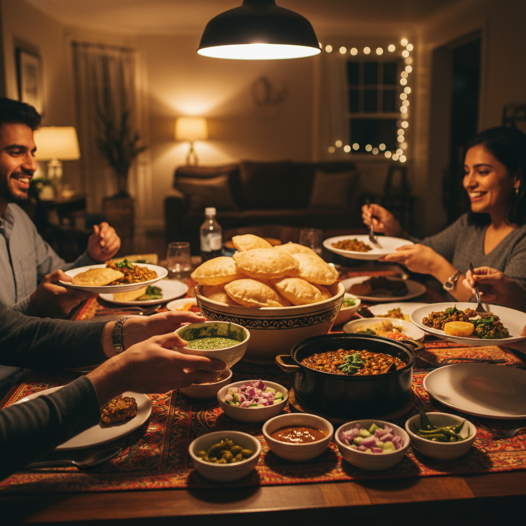 Family-style serving of chole bhature with chutneys and salad on a cozy dinner table, showing authentic plating and sides
