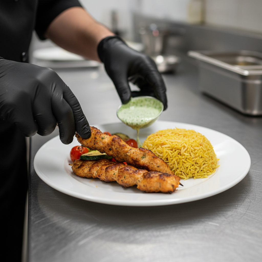 Chef plating Halal South Asian-Pakistani entrée with saffron rice and kebabs for multicultural wedding catering
