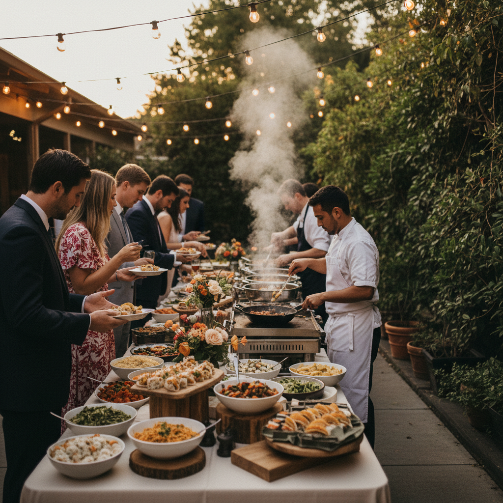 Outdoor wedding patio with live multicultural food station under string lights at dusk in Mississauga