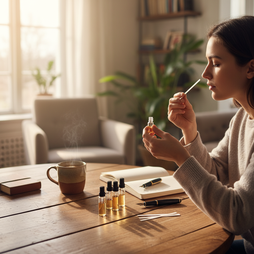 Person testing luxury perfume discovery samples with blotter strips and vials, building a personal scent wardrobe