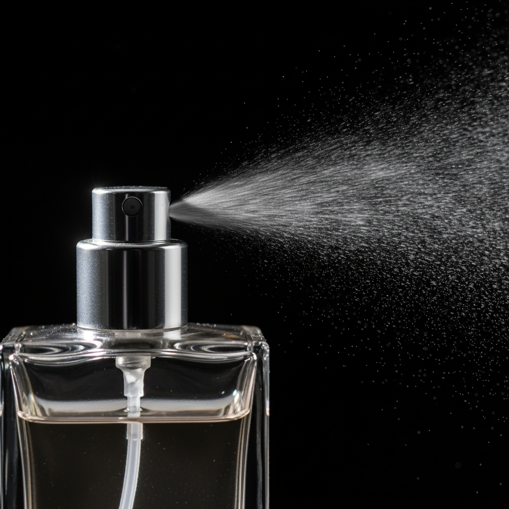 Macro shot of a perfume atomizer spraying a fine mist, illustrating sillage and projection in a luxury perfumes guide