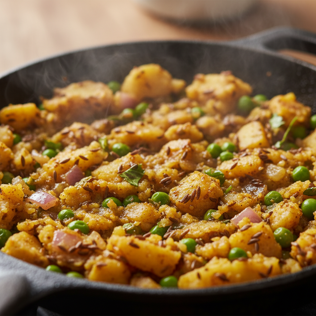 Close-up of spiced potato and green pea samosa filling sizzling, showing cumin and coriander seeds for samosa filling techniques