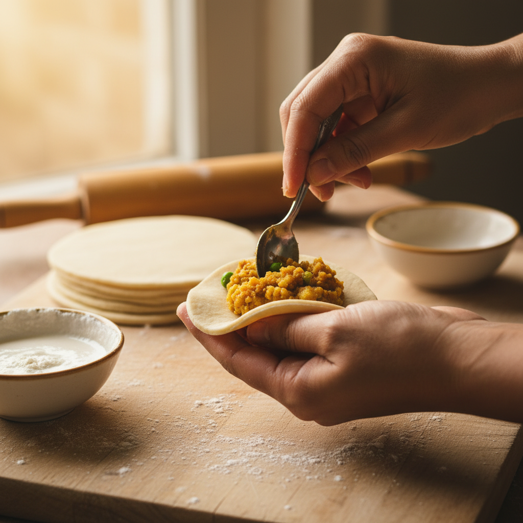 Hands filling and sealing a samosa cone, showing portion size and seam for samosa filling techniques