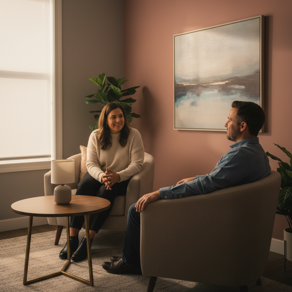 Private counseling room scene at a methadone clinic showing supportive conversation that complements medication-assisted treatment