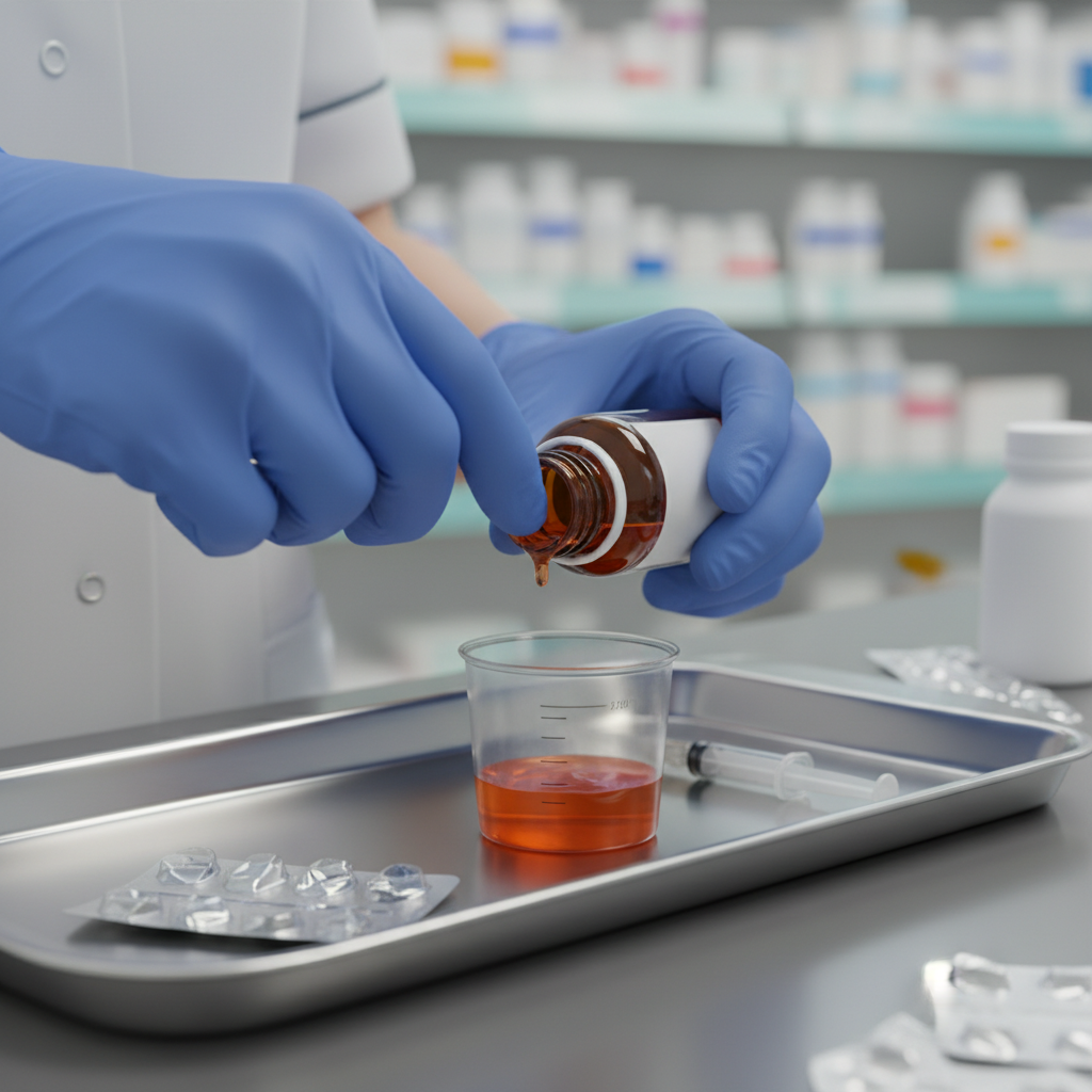 Close-up of nurse preparing a measured methadone dose in a clinic setting, illustrating safe dosing protocols at a core methadone clinic