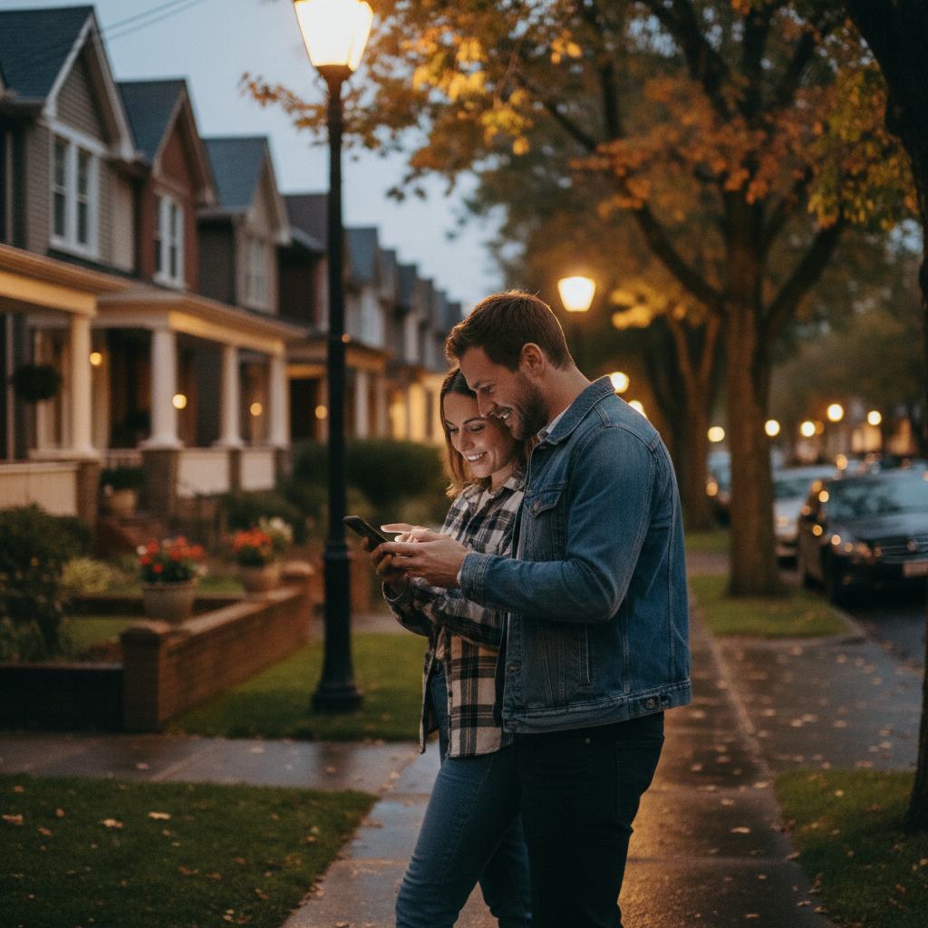 Couple using a smartphone while touring a neighborhood, representing on-the-go home search and scheduling in real estate apps