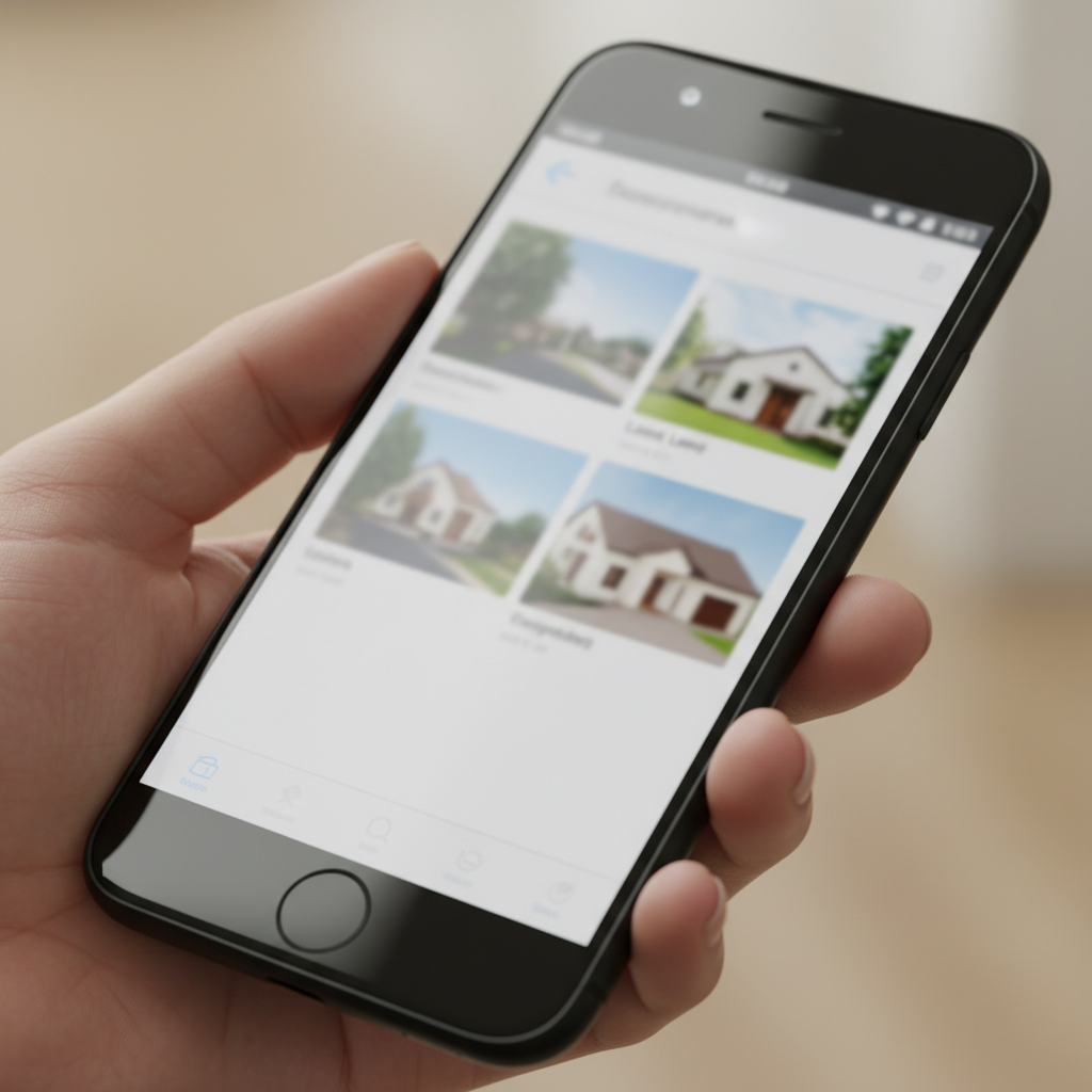 Close-up of a smartphone showing property photos, illustrating mobile real estate apps comparison features like verified chat and scheduling
