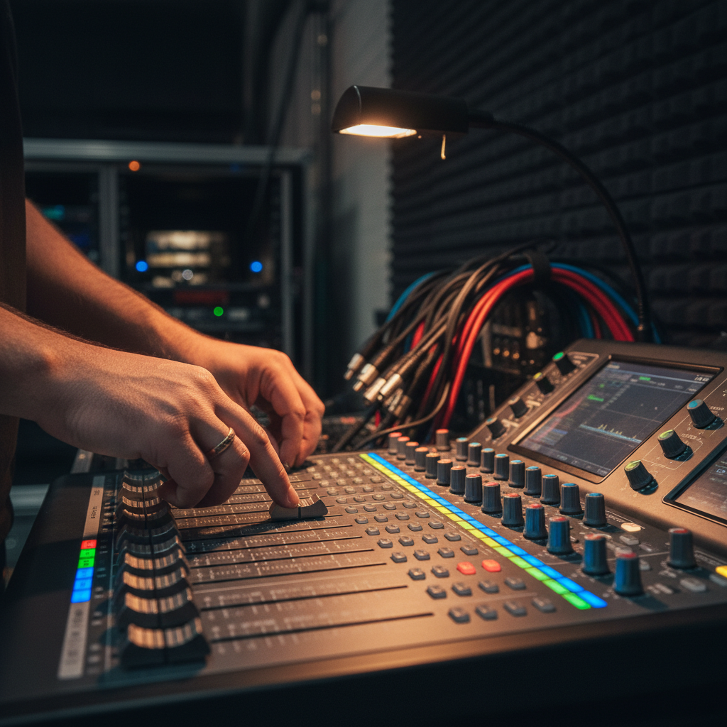 Close-up of modern AV mixer and faders during conference seminar logistics at Mississauga Convention Centre showing integrated audio control
