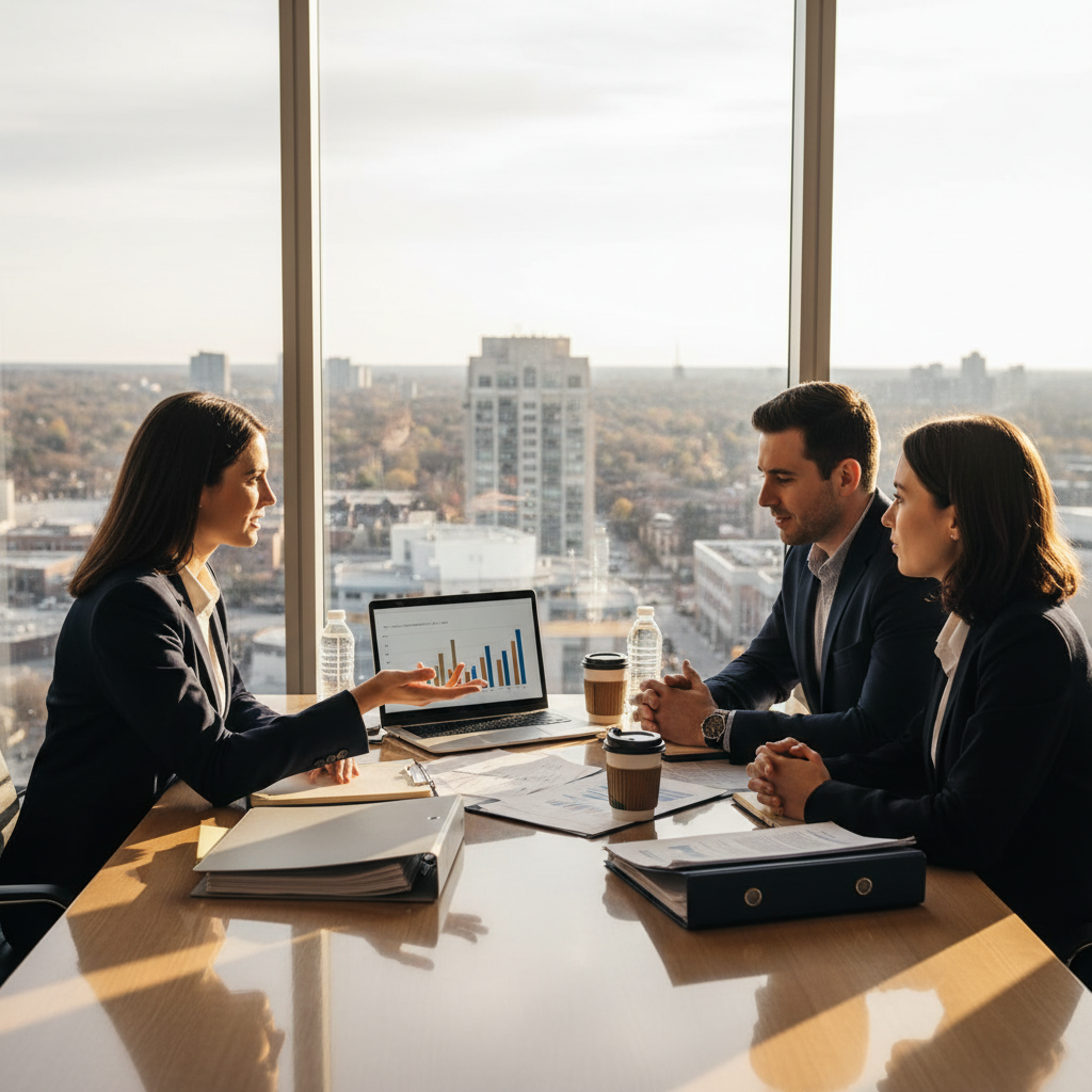 Brampton lawyer meeting clients to plan immigration appeal strategy at Rathod Law Firm