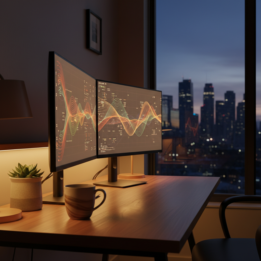 Side-angle workspace with analytics visuals illustrating content optimization performance improvements and internal linking growth
