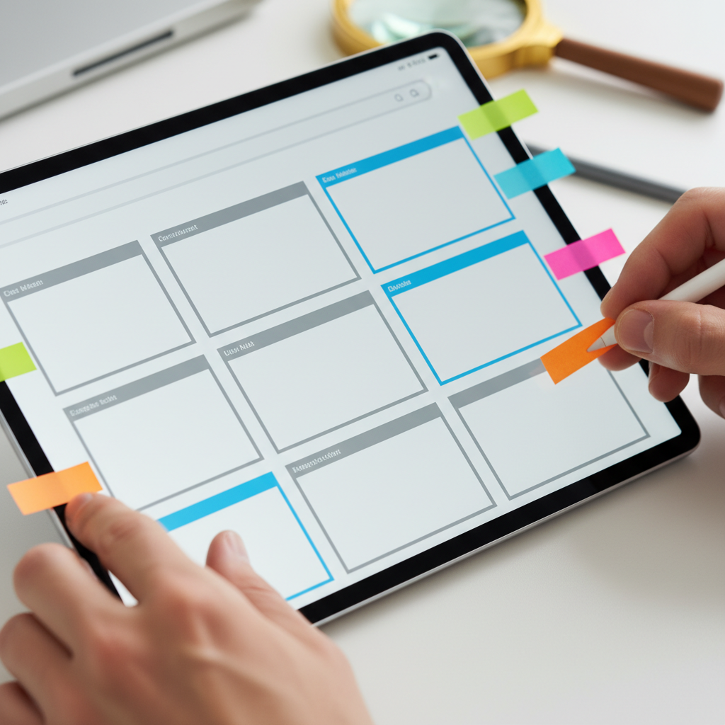 Close-up of content optimization workflow on tablet, showing wireframe blocks and color-coded planning tabs for search engine optimization