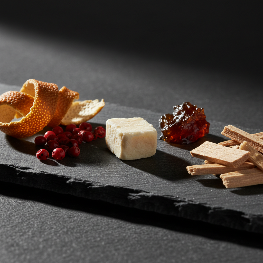 Premium perfume ingredients for niche fragrances: bergamot, pink pepper, orris, labdanum, and sandalwood arranged for craftsmanship-focused perfumery