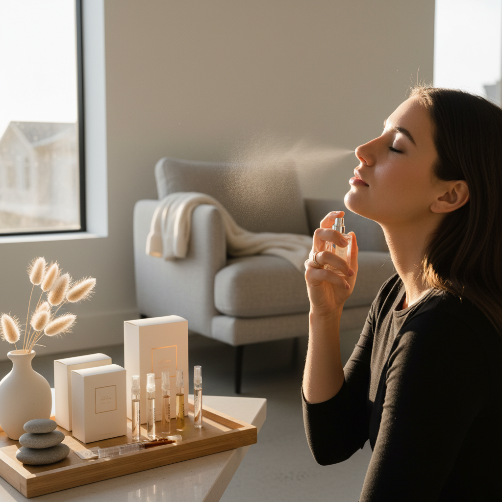 Applying a niche perfume at home with discovery vials and gift-ready packaging visible, illustrating best practices for testing and wear