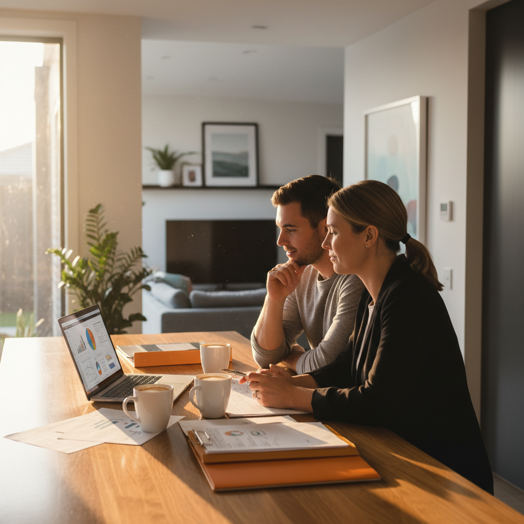 Mortgage broker meeting with two clients at a kitchen table to discuss Australian home loan options and features