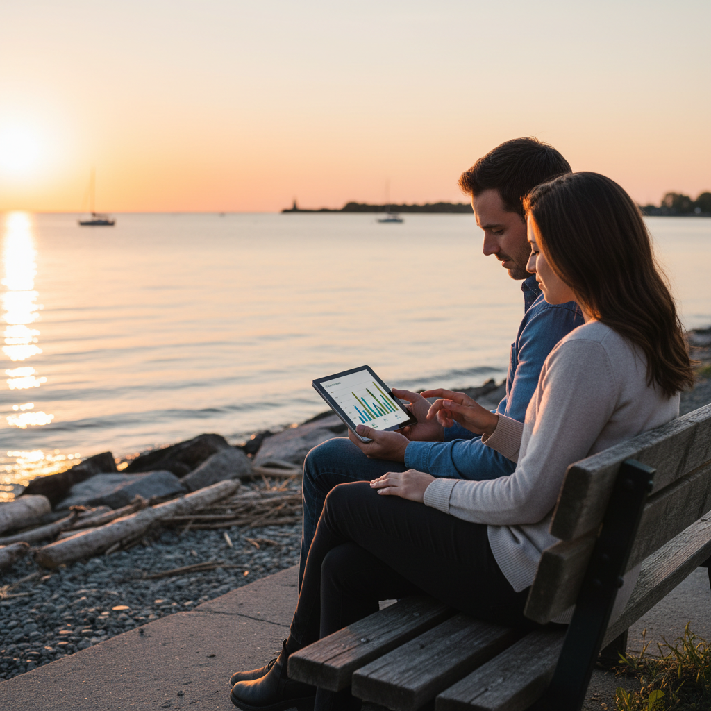Couple at Whitby waterfront reviewing Ontario life insurance plan on a tablet at sunset