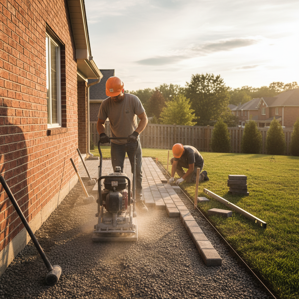 Side-angle view of interlocking walkway installation with plate compactor and crew—GTA hardscape best practices in action