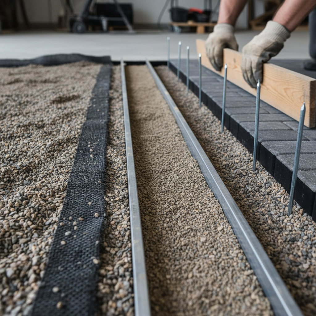 Close-up of compacted interlocking base with geotextile edge, screed rails, and first course—expert interlocking base prep detail