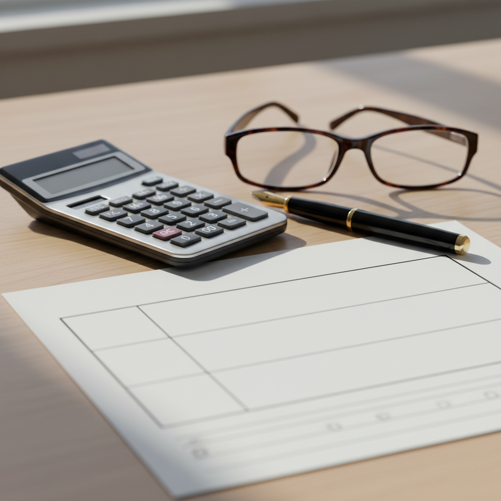 Close-up planning tools for life insurance decisions in Ontario: calculator, pen, glasses, and blank form on wooden desk