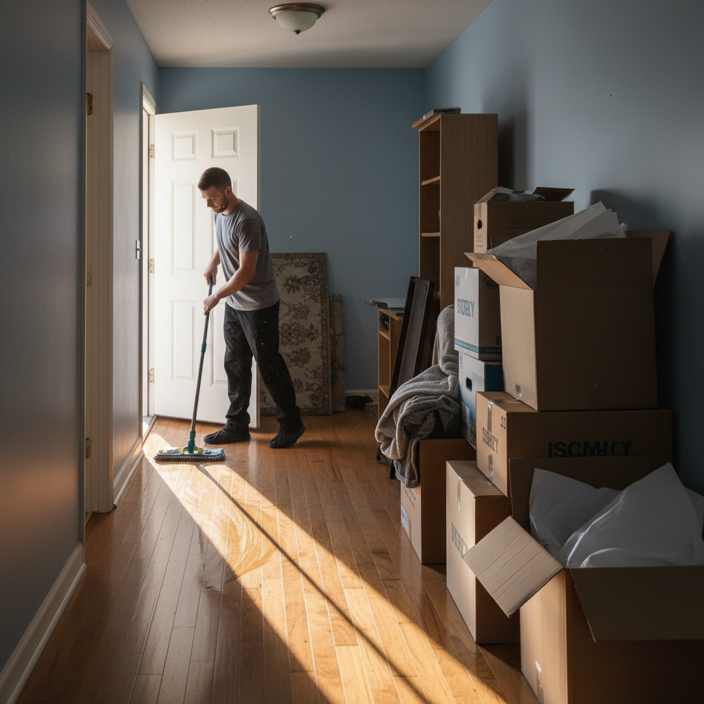 Cleaner mopping hallway during move in cleaning Saskatoon with moving boxes nearby
