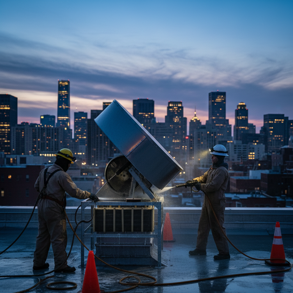 Rooftop exhaust fan service with hinge kit and grease containment to meet NFPA 96 and health code compliance in commercial kitchens