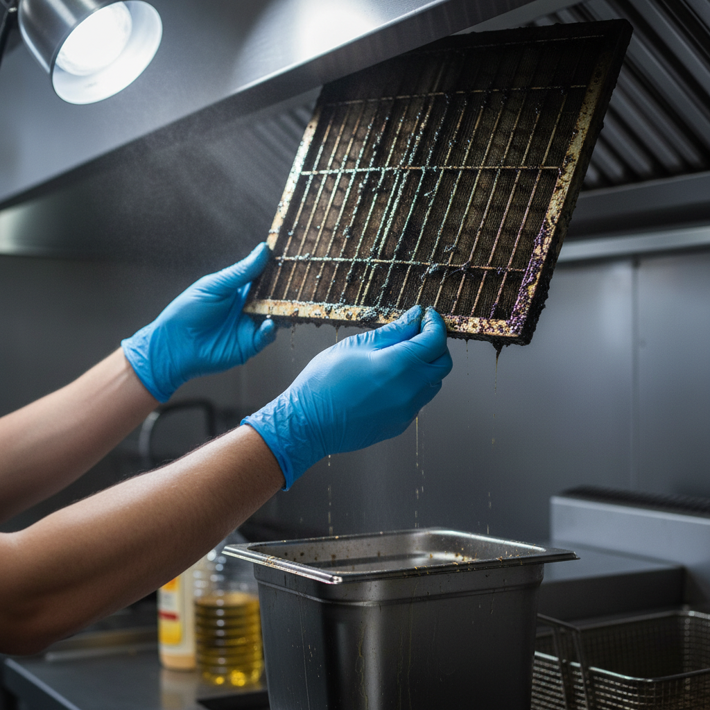 Technician removing greasy baffle filter during kitchen exhaust cleaning to maintain health code compliance in a commercial kitchen