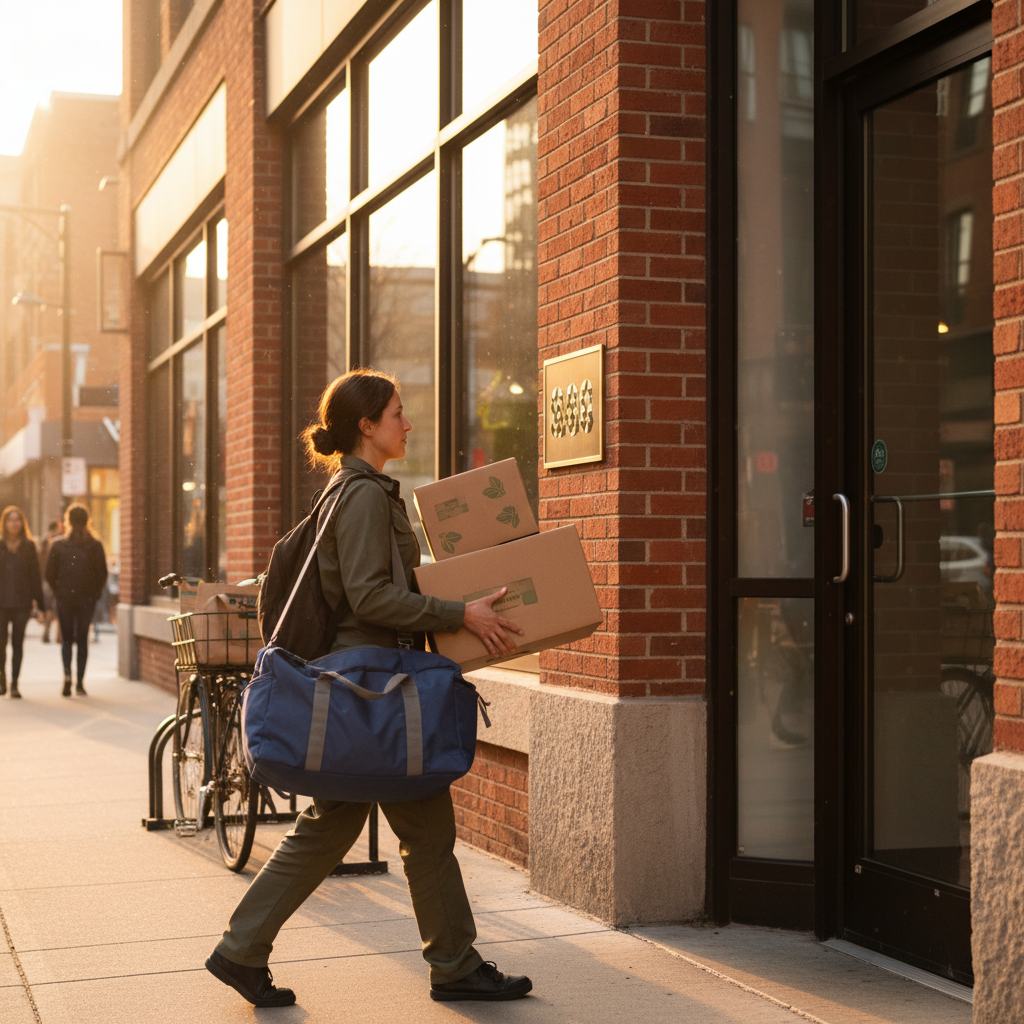 Courier delivering eco-friendly catering boxes near 898 College St for Toronto office lunch catering