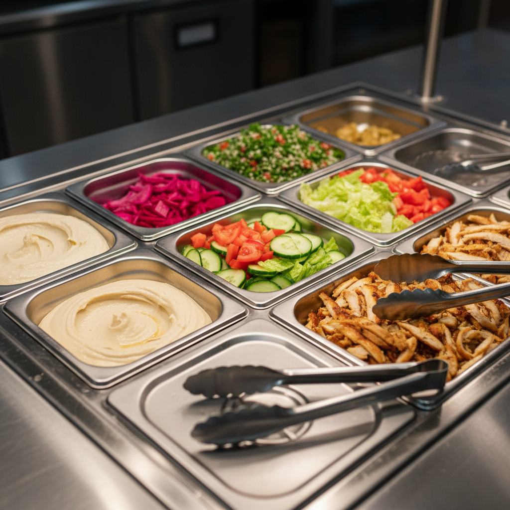 Close-up build-your-own shawarma station with colorful toppings for office lunch catering in Toronto