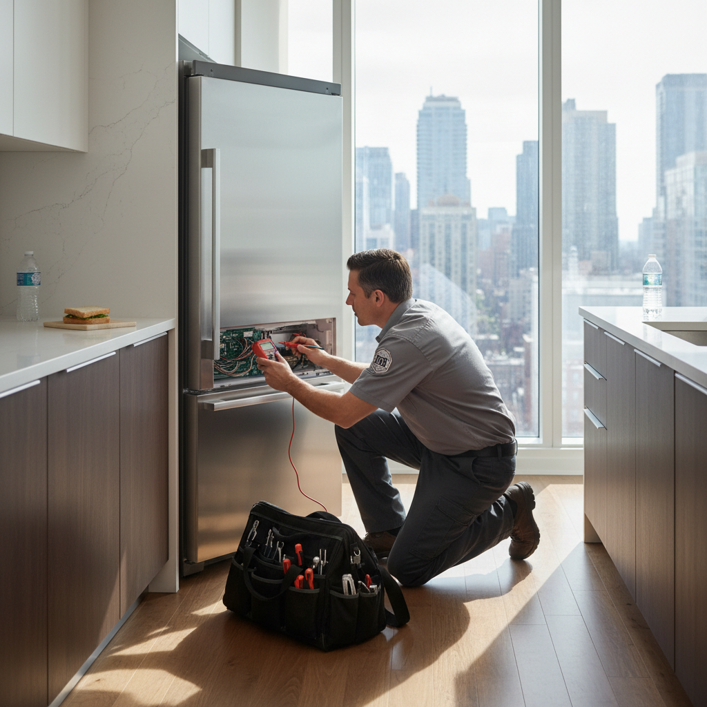 Professional appliance technician servicing a refrigerator in a modern Toronto condo kitchen, multimeter and tools visible