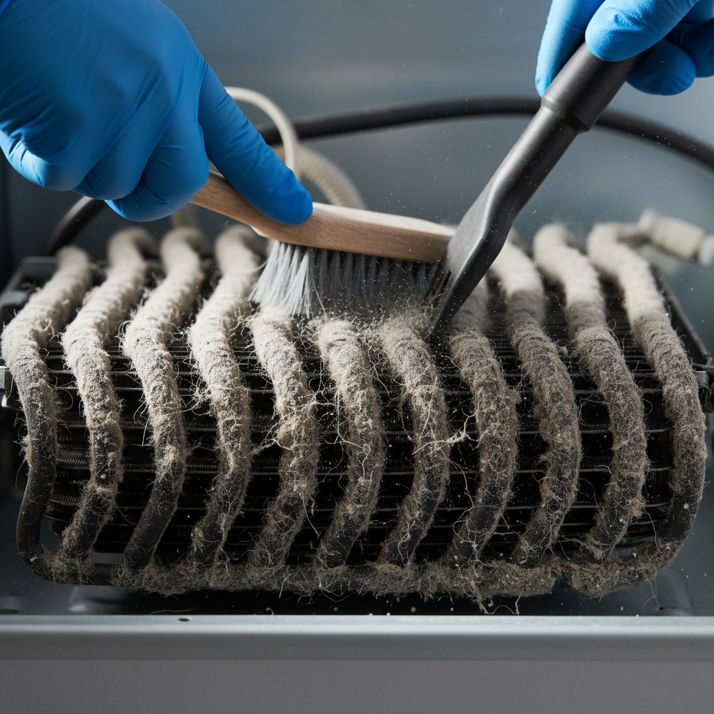 Close-up of dusty refrigerator condenser coils being cleaned with a brush and vacuum for better cooling performance