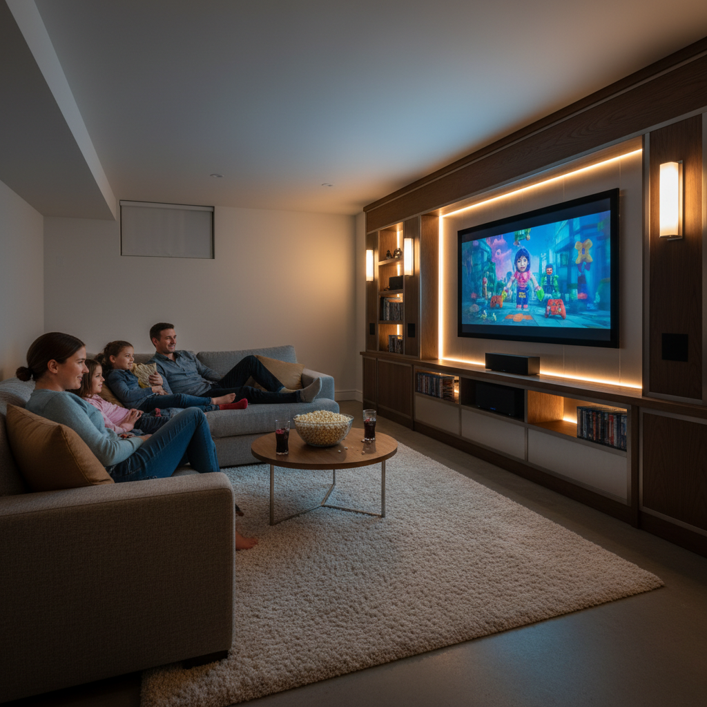 Media Walls: Make Your Home Theater Feel Like a Cinema 2 Family watching a movie in a finished basement featuring a custom media wall with warm LED backlighting, built-in storage, and dimmed sconces