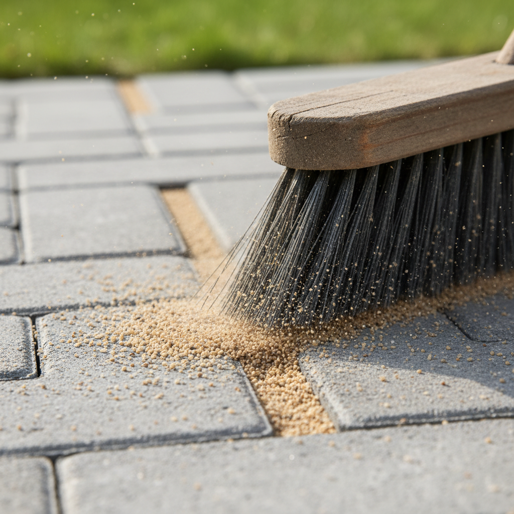 Close-up of polymeric sand being swept into paver joints on a GTA patio, showing clean edges and properly filled joints
