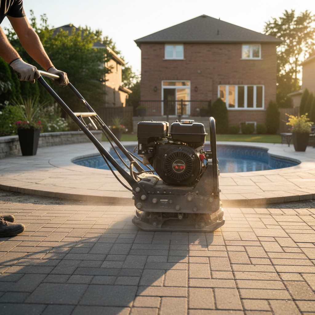 Plate compactor tamping a Mississauga paver walkway near a pool surround with clean, even joints