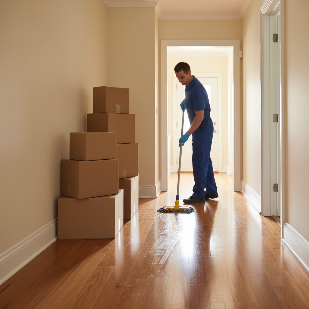 Professional cleaner mopping hallway near moving boxes during move out cleaning in Saskatoon, finishing floors last for inspection-ready results