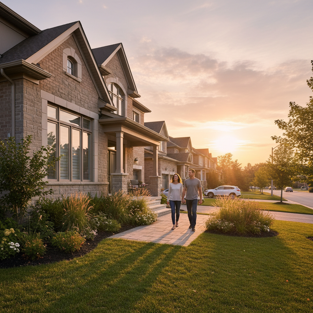 Exterior of an Aurora, Ontario home at sunset with buyers arriving for a viewing, illustrating how to sell home directly to buyers without commission using a social real estate platform