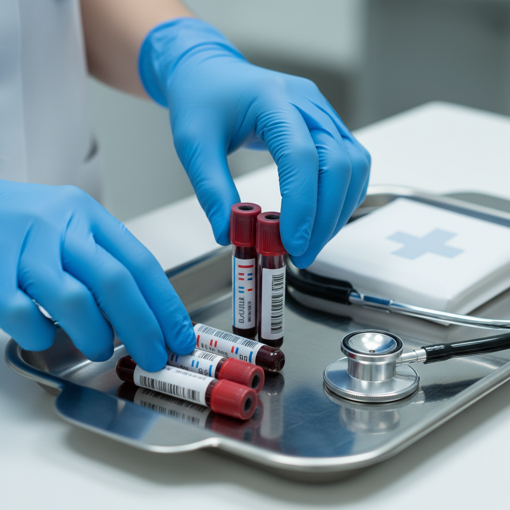 Close-up of blood sample vials and medical kit for the immigration medical exam process in Canada, illustrating lab work and eMedical documentation