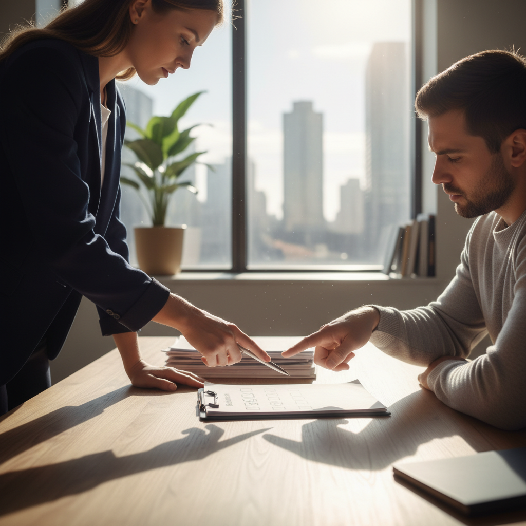 Immigration lawyer and client reviewing a medical exam checklist for Canadian immigration at a Brampton-area office
