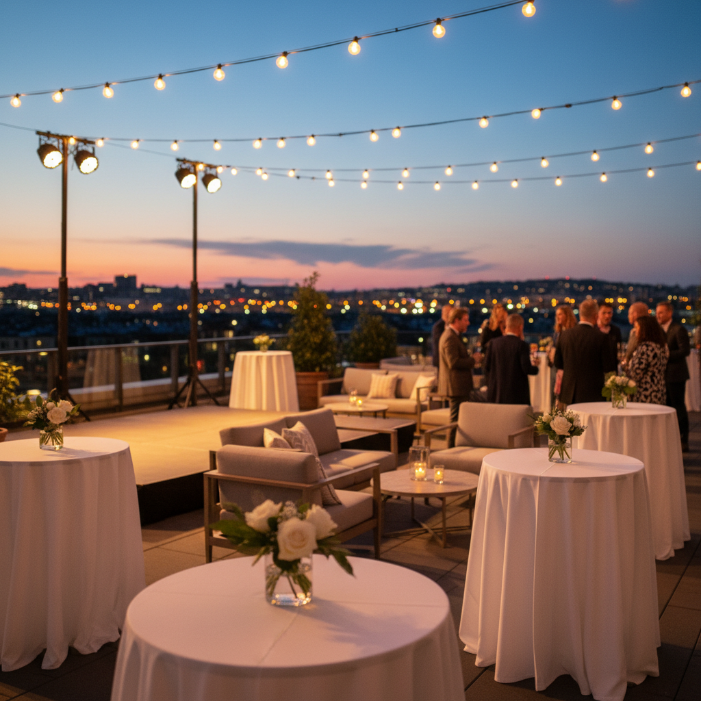 outdoor patio event at dusk with string lights and lounge seating at a Mississauga convention venue