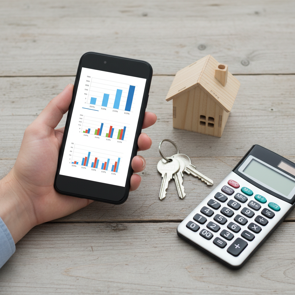 Smartphone lender comparison alongside calculator and house keys for first home buyer tips and advice