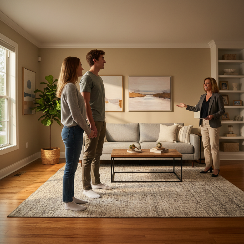 First-time buyers touring an open house with an agent, preparing for loan preapproval and settlement