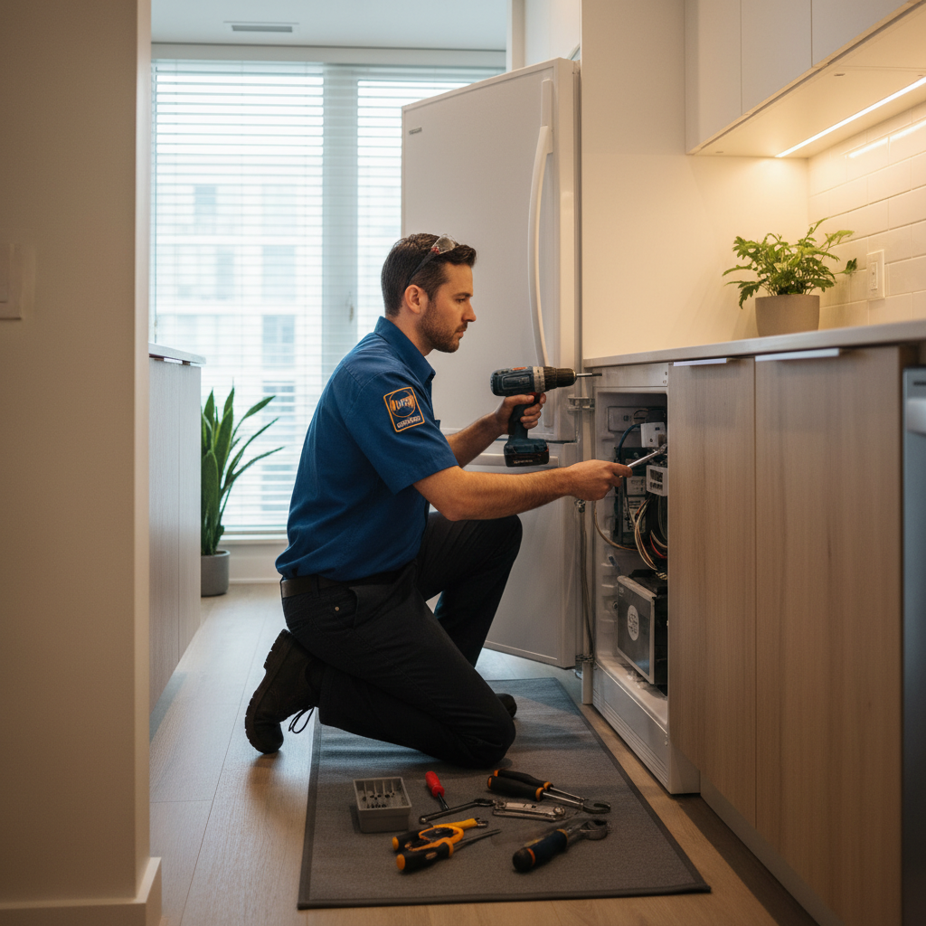Appliance technician removing a refrigerator back panel in a Toronto condo kitchen to diagnose loud buzzing noise