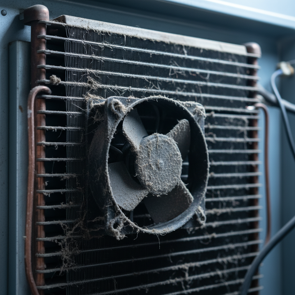Close-up of dusty refrigerator condenser coils and a small fan with lint buildup causing fridge buzzing noise