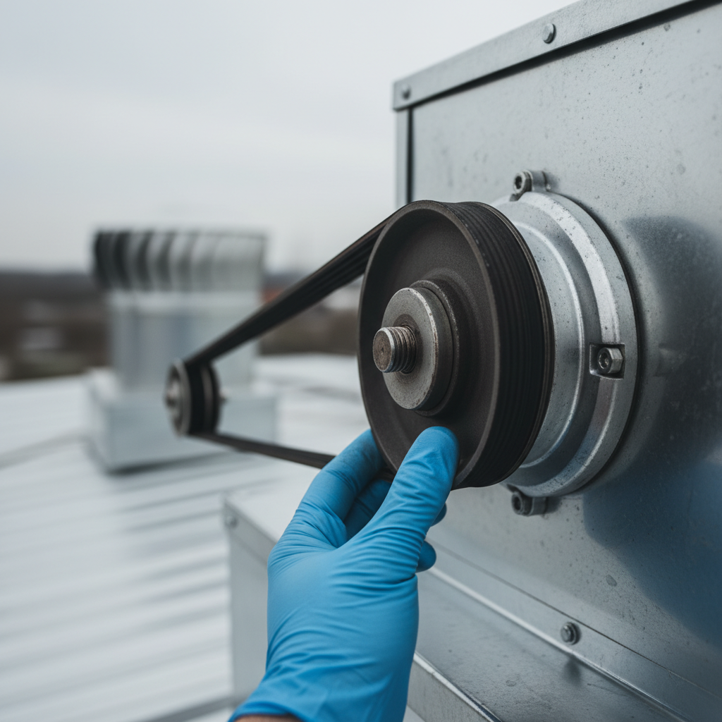 Technician inspecting rooftop exhaust fan belt and pulley for kitchen exhaust maintenance in Ontario restaurants