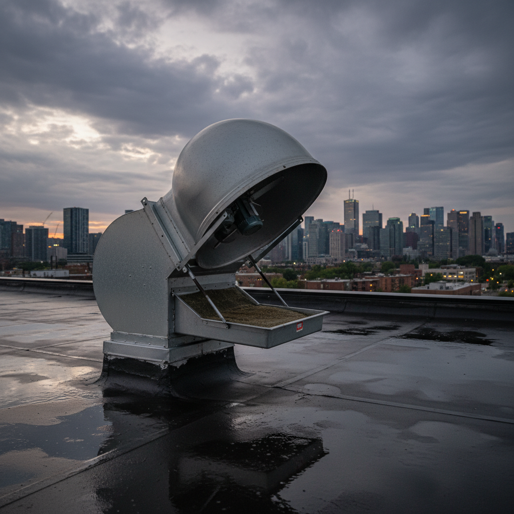 Upblast rooftop exhaust fan open on hinge kit with grease containment during Ontario restaurant maintenance