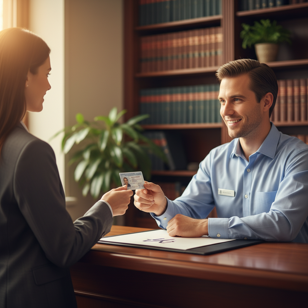 Client presenting government ID at a Toronto law office reception for notarization and commissioning