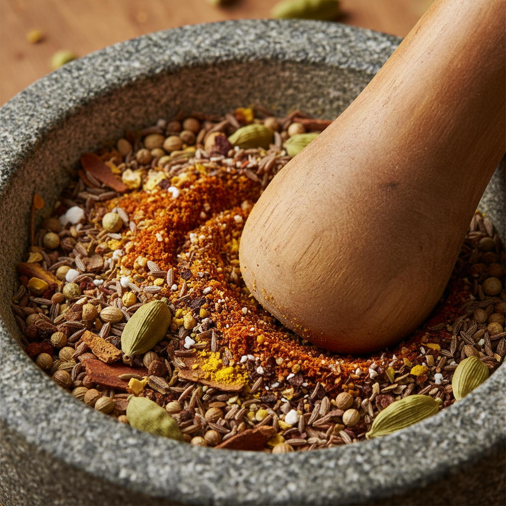 Close-up of shawarma spices being ground: cumin, coriander, paprika, turmeric, garlic, cinnamon, cardamom, and sumac for authentic seasoning