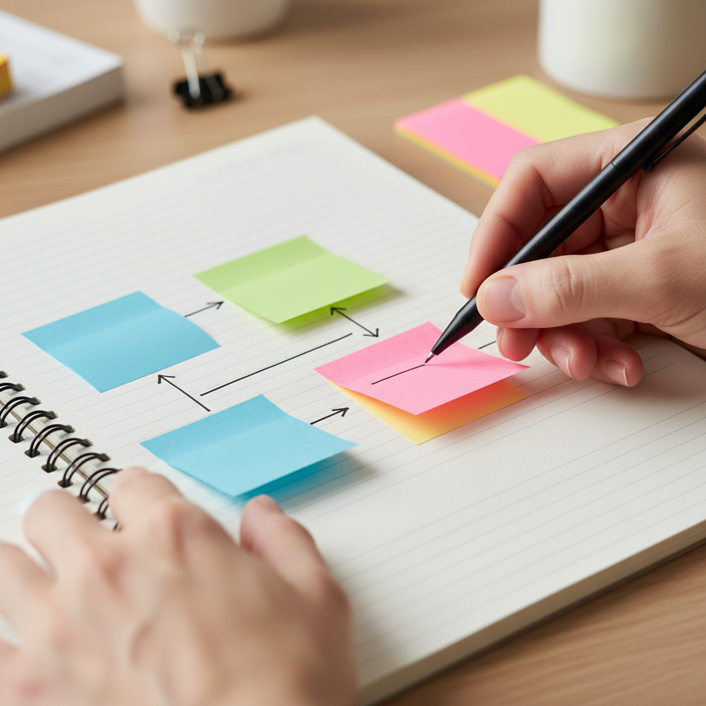 Close-up planning of a website sitemap and SEO content workflow with sticky notes, illustrating DIY SEO without hiring agencies