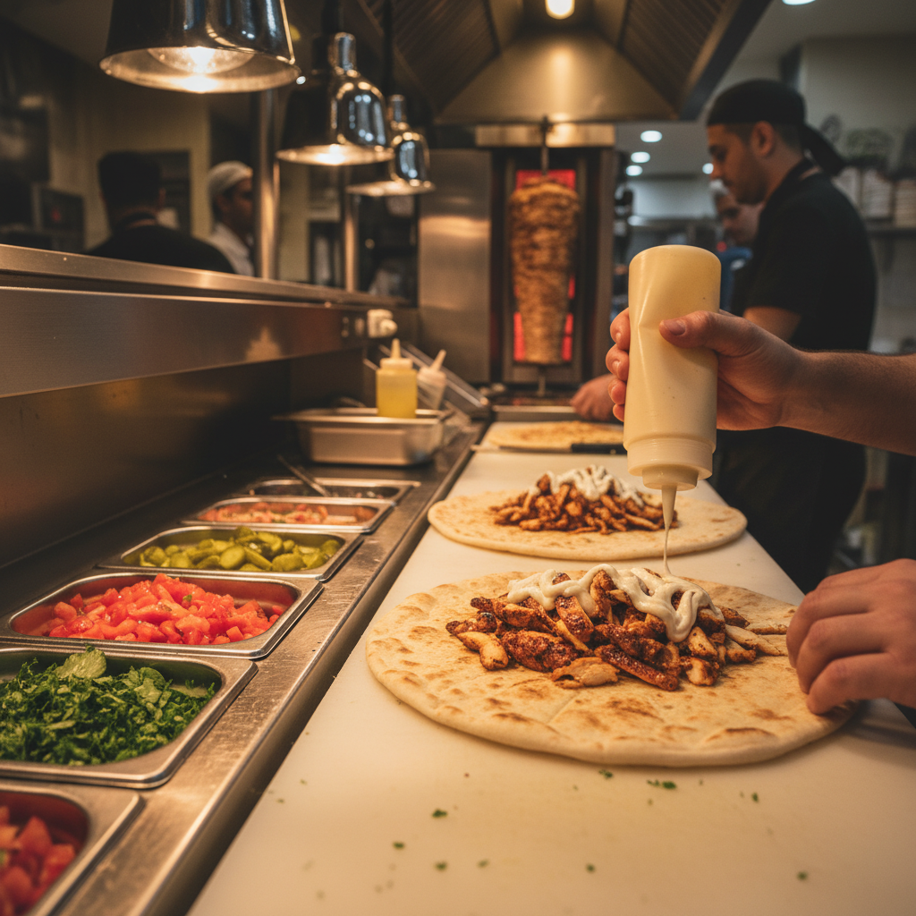 Shawarma wrap assembly line with freshly carved chicken, tomatoes, parsley, pickles, and garlic sauce on warm flatbread in Toronto restaurant