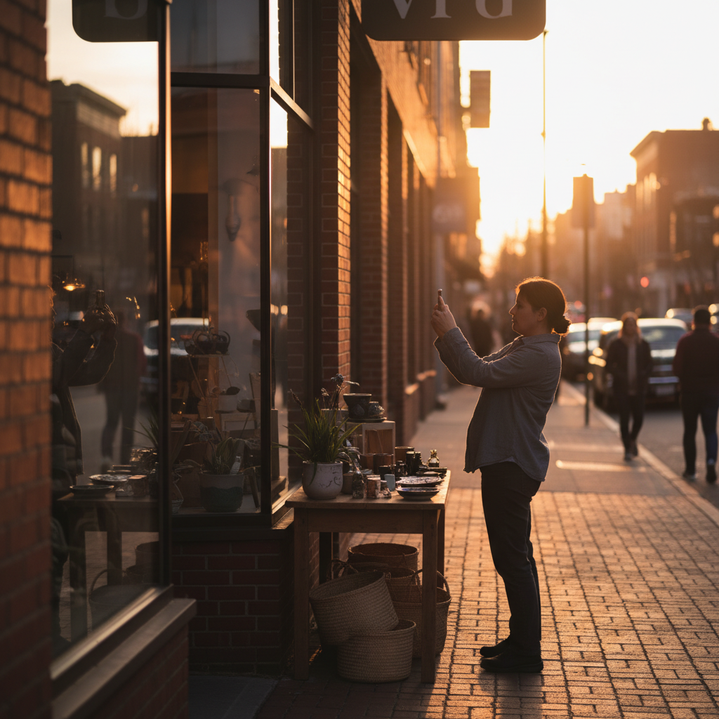 Local storefront owner photographing products for a Google Business Profile post, supporting local SEO without hiring agencies